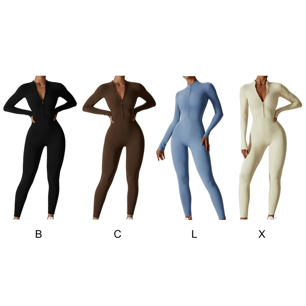 Jumpsuit Women Yoga Zipper Long Sleeve Shirts Boilersuit Fitness One-piece Gym Running Breathable Tights Activewear