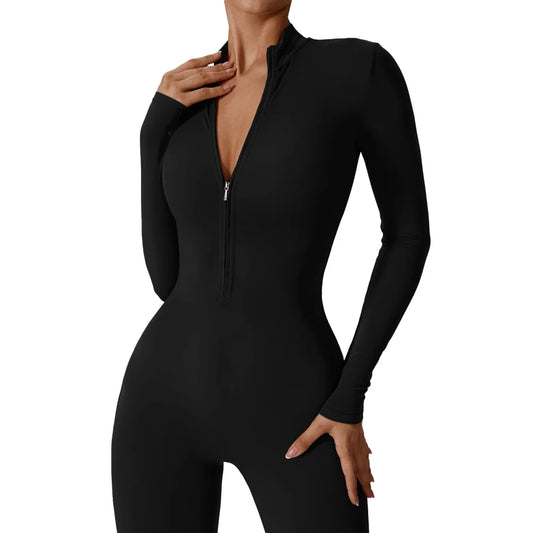 Jumpsuit Women Yoga Zipper Long Sleeve Shirts Boilersuit Fitness One-piece Gym Running Breathable Tights Activewear