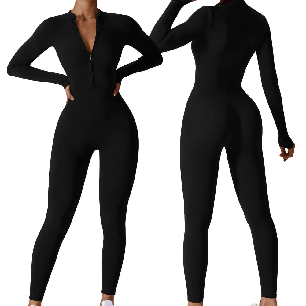 Jumpsuit Women Yoga Zipper Long Sleeve Shirts Boilersuit Fitness One-piece Gym Running Breathable Tights Activewear
